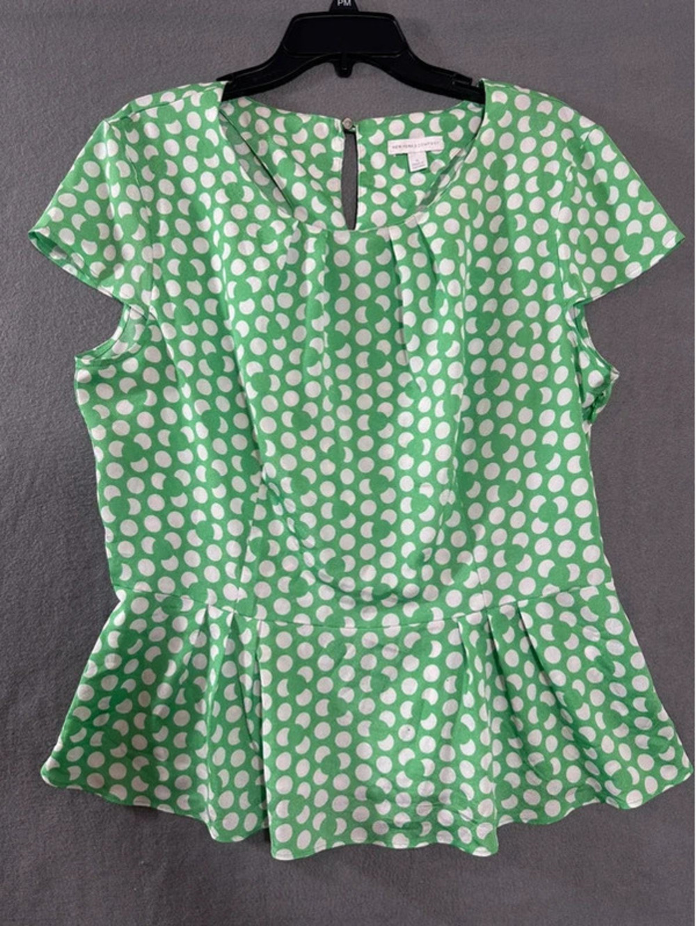 New York & Company XL Green White Print Peplum Blouse Short Sleeve